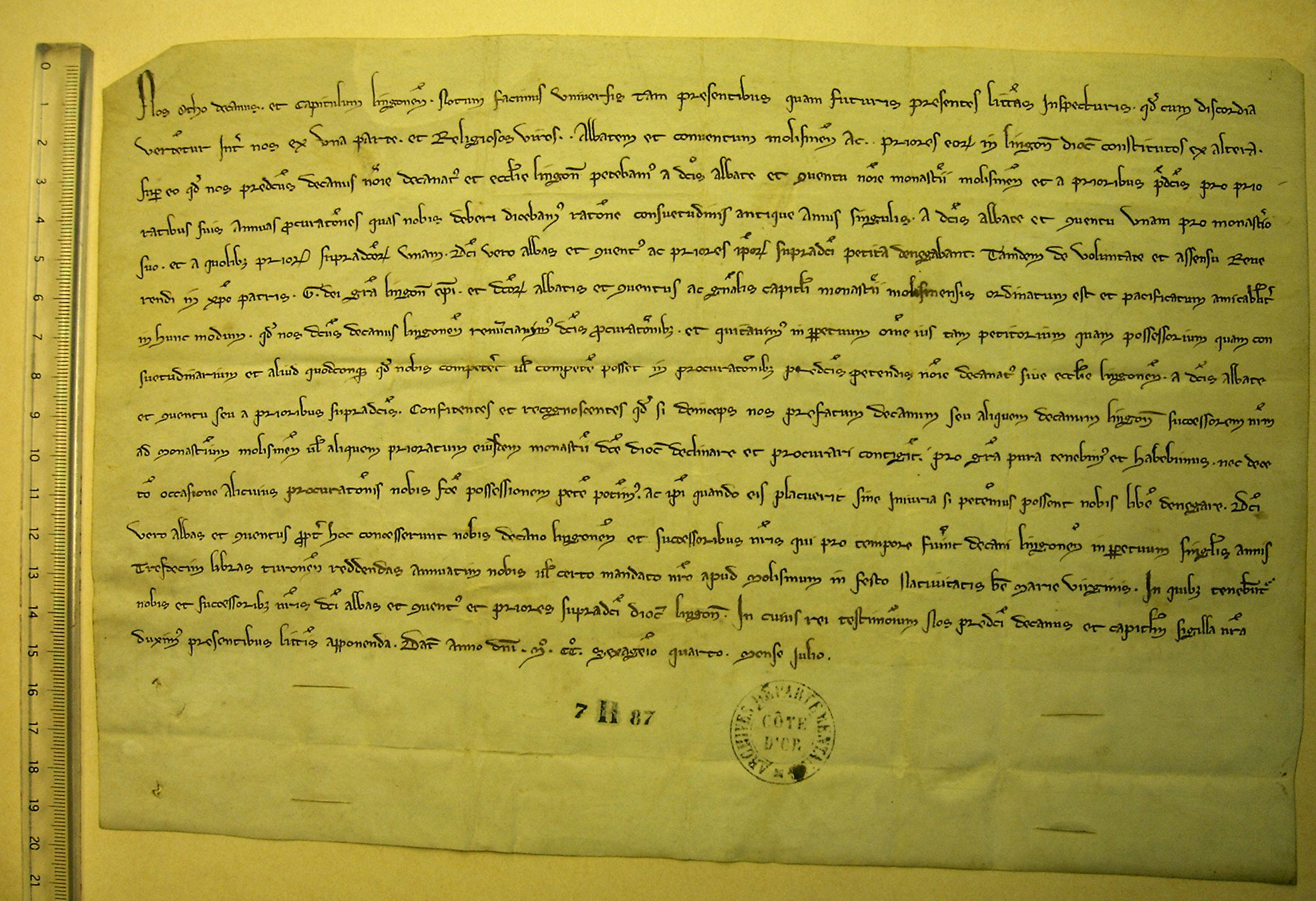 Dijon, Archives départementales de la Côte d'Or, 7 H 87 (acte de 1264)