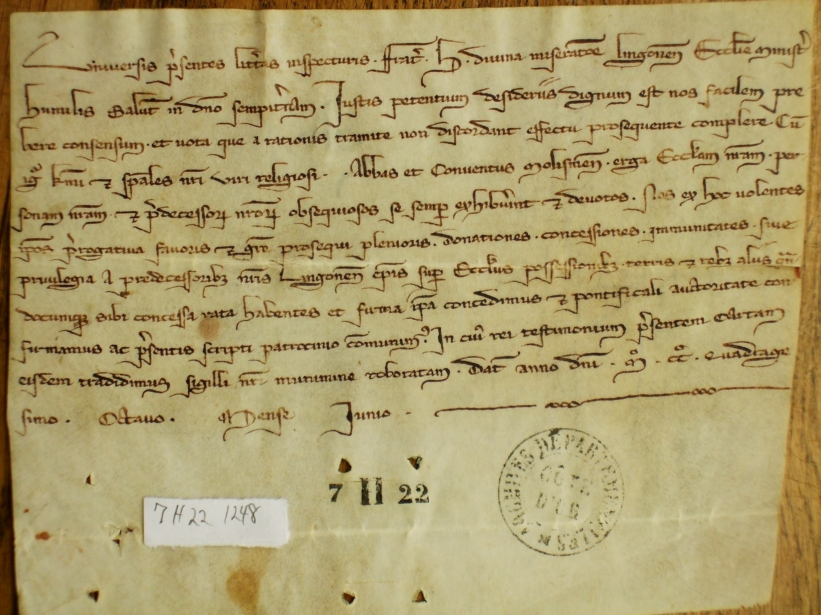 Dijon, Archives départementales de la Côte d'Or, 7 H 22 (acte de 1248)